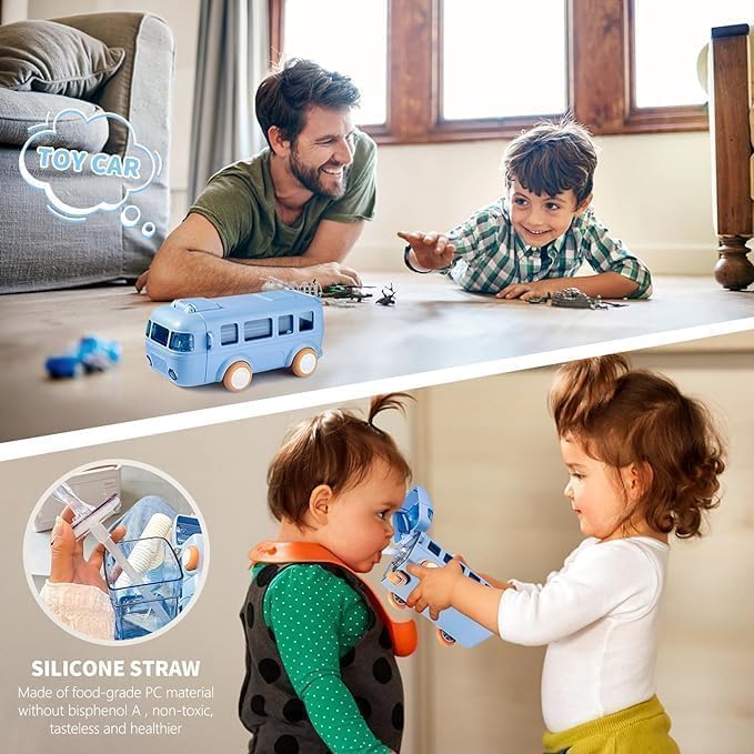 Bus-Shaped Kids Water Bottle 500ML with Straw & Strap – Leak-Proof Design