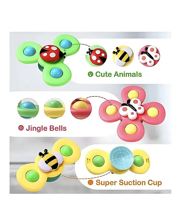 Baby Spinner Toys with Suction Cups (Pack of 3) | Silicone Fidget Spinners for Kids & Babies | BPA-Free Bath & Travel Toys