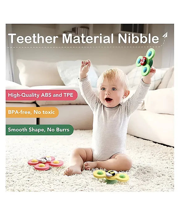 Baby Spinner Toys with Suction Cups (Pack of 3) | Silicone Fidget Spinners for Kids & Babies | BPA-Free Bath & Travel Toys