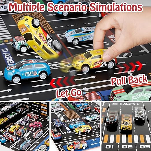 48-Pcs Alloy Pull Back Car Set with Storage Box & Track for Kids