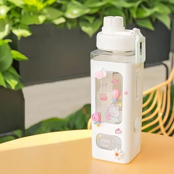 Kawaii Water Bottle with Straw & Stickers – Cute Portable Square Bottle